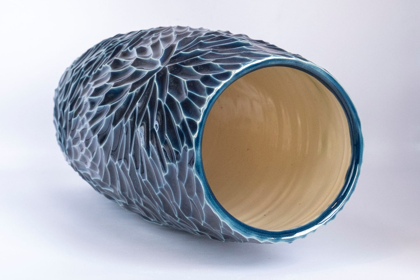 9.75 inch hand-carved porcelain vase, storm celadon (deep blue) 2024-03