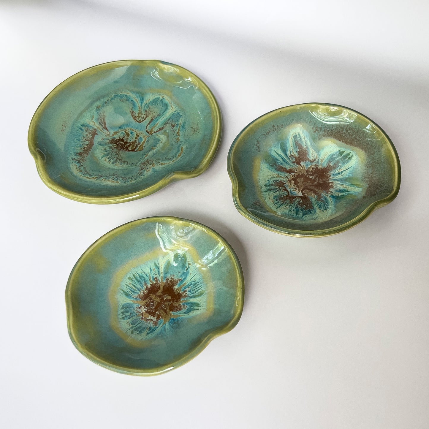 Trinket bowl set of 3, green and copper feathered glaze