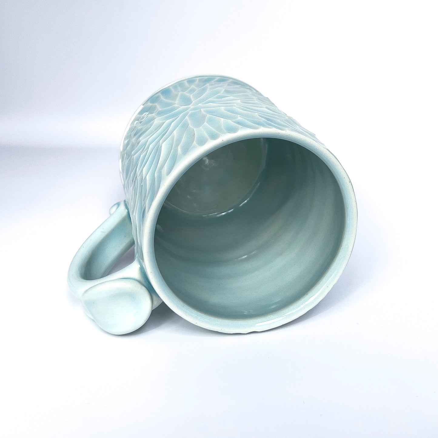 14 ounce carved porcelain mug, glacier celadon glaze #1