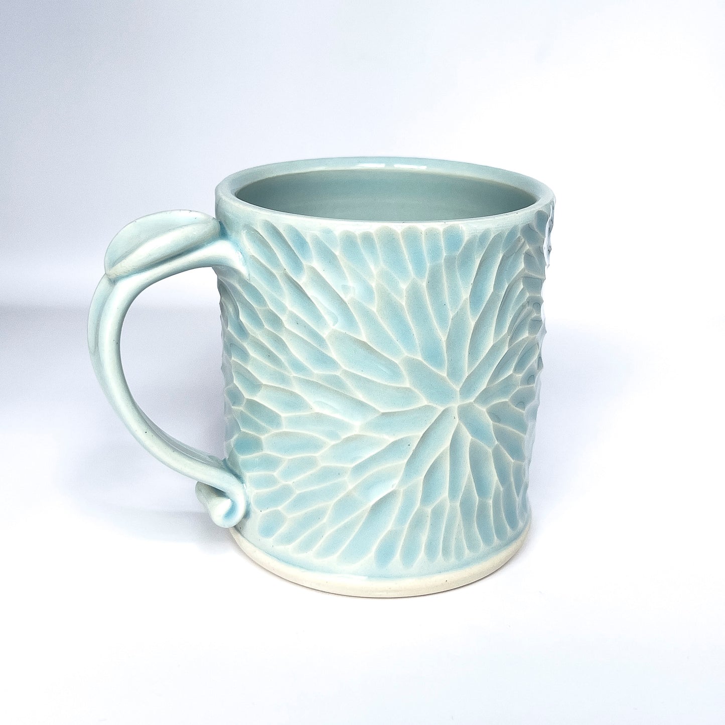 14 ounce carved porcelain mug, glacier celadon glaze #2