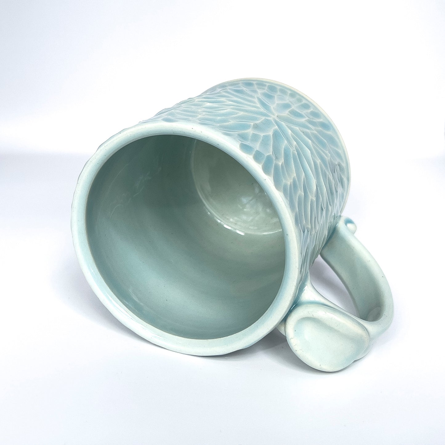 14 ounce carved porcelain mug, glacier celadon glaze #2