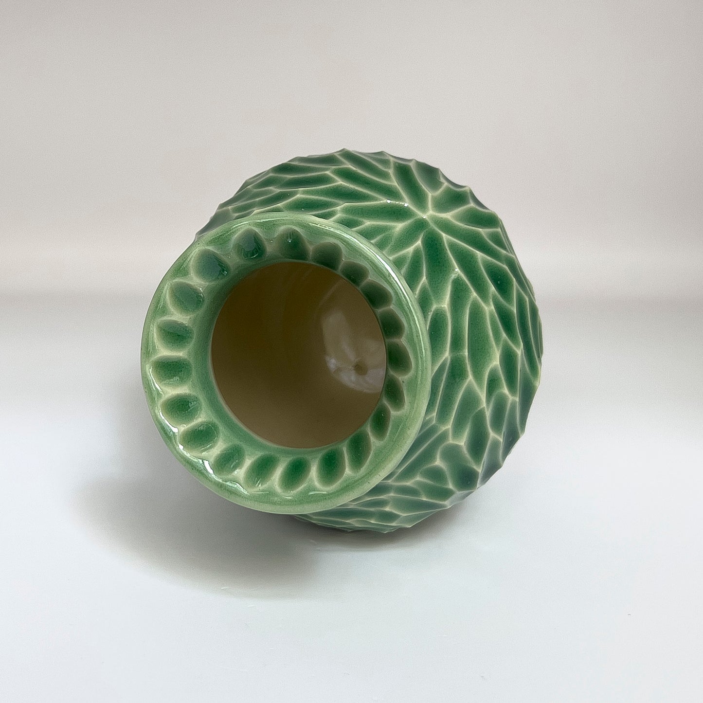 4 inch hand-carved porcelain bud vase, jade celadon