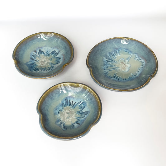 Trinket bowl set of 3, blue swirl glaze