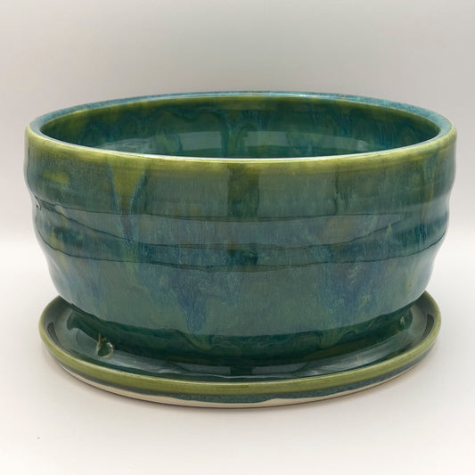 ceramic wavy planter,  green and blue